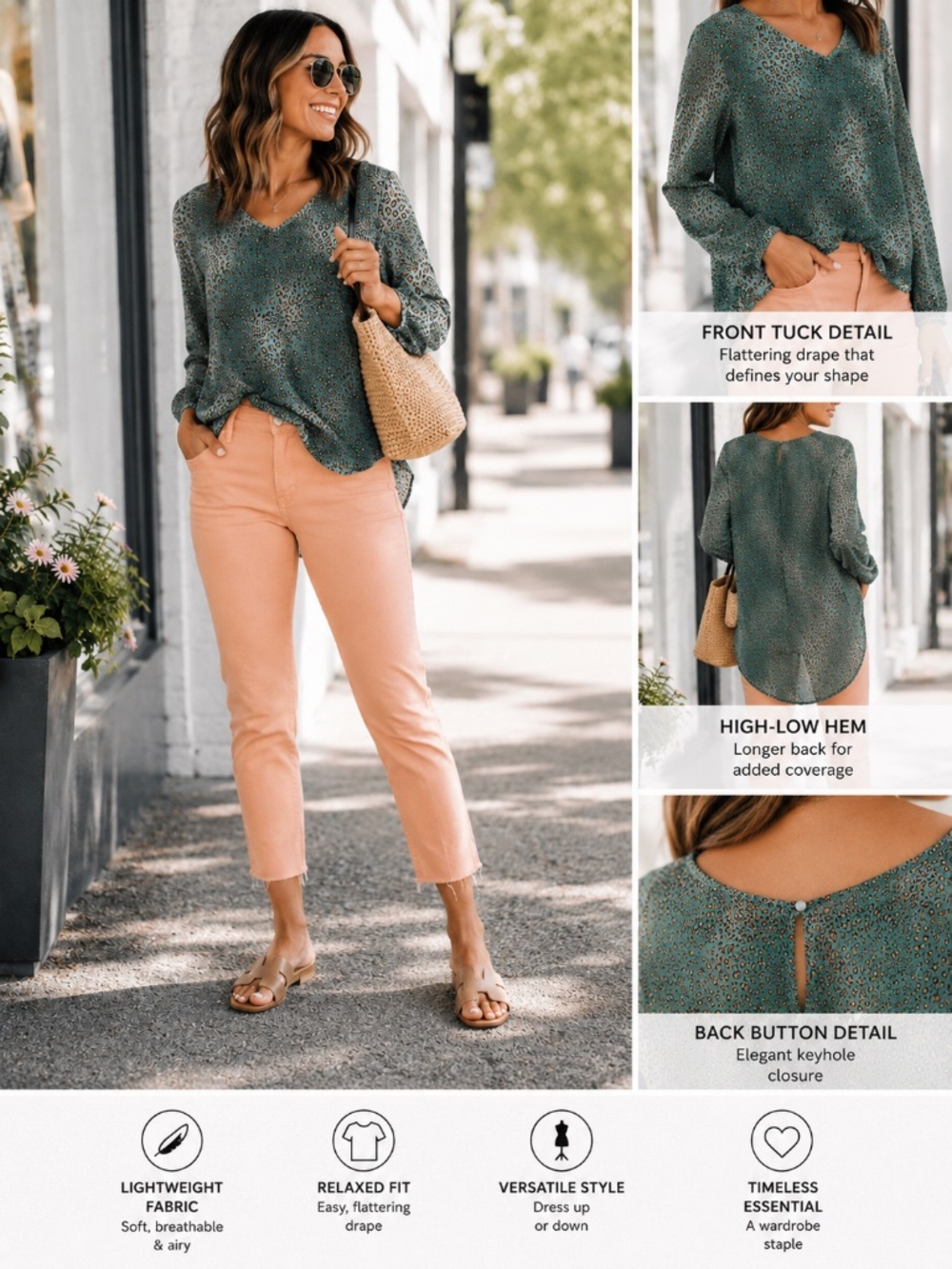 Look Boutique Teal Leopard Print Blouse Sheer Long Sleeve High-Low Hem Size M/L